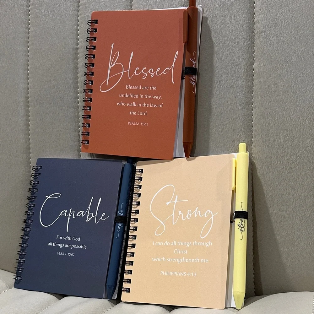Bible Verse Notebook Trio & Pens Blessed Psalms Strong Philippians Capable Mark